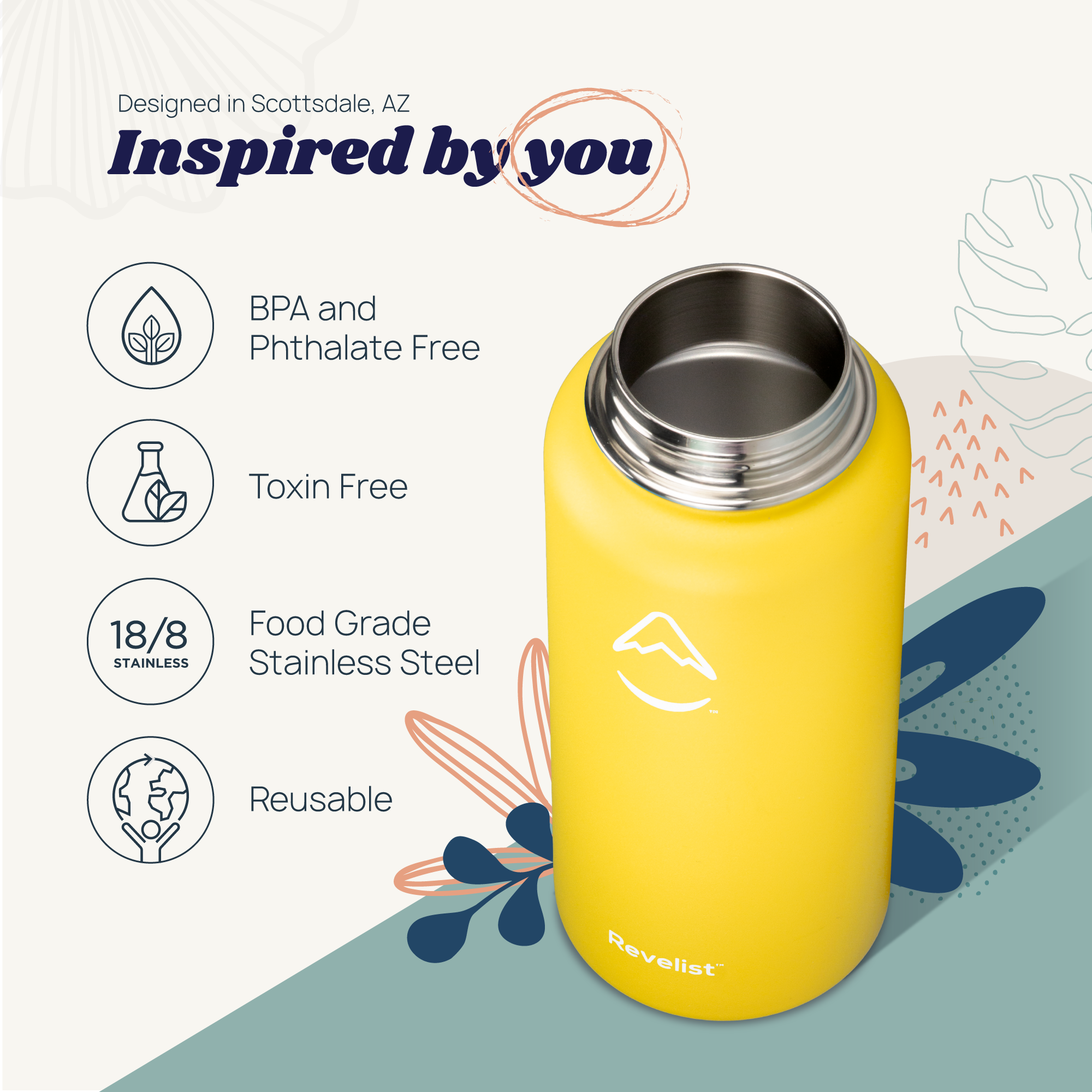 Revelist 32oz Insulated Water Bottle with Straw, Spout, and Stainless Steel Screw Top Lids - Sunburst Yellow
